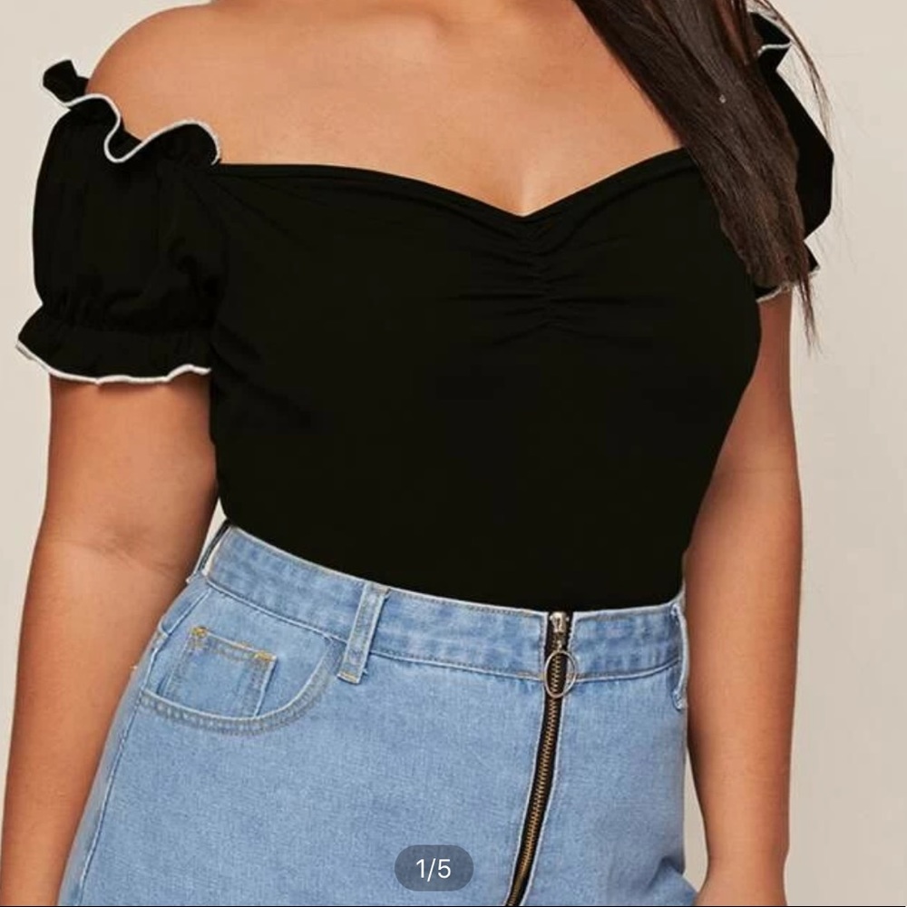 Black with white Frill trim off the shoulder top